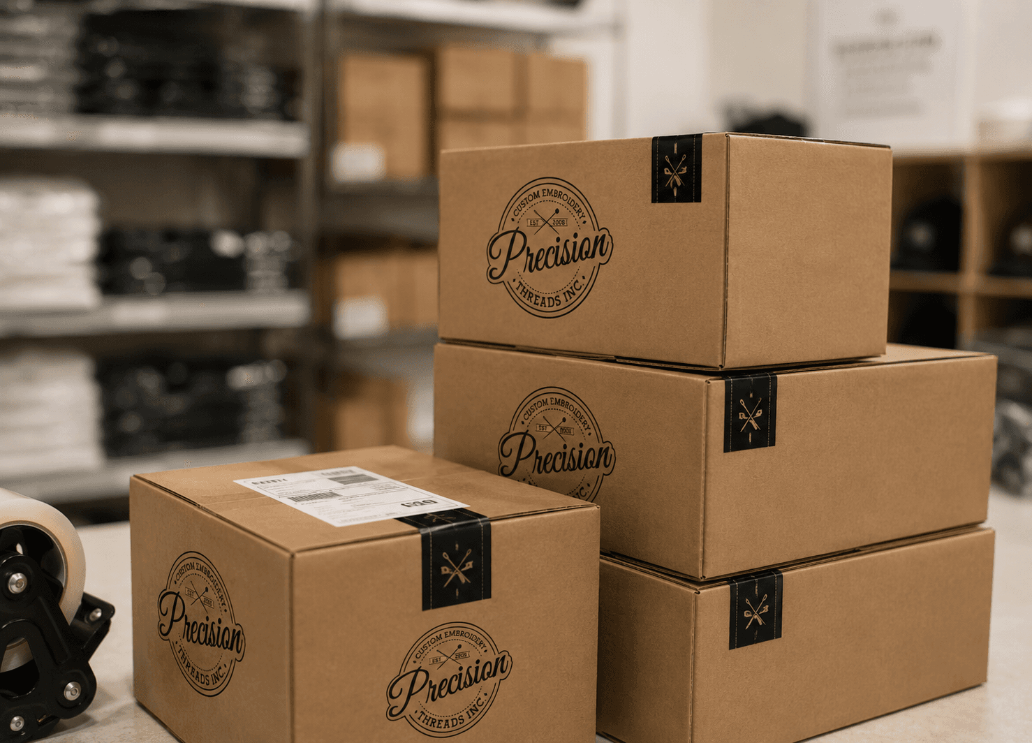 Branded shipping boxes and organized fulfillment packaging representing commercial order fulfillment operations